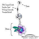 Blue gem faerie flower purple dangle belly ring by BodyCandy, featuring a colorful, decorative belly jewelry design with a dangling motif.