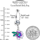 Blue gem faerie flower dangle belly ring from BodyCandy featuring purple flower design and dangling charm for belly piercing.