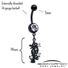 Black raven witch dangle belly ring with clear CZ gem from BodyCandy, featuring a gothic design and dangling aesthetic.