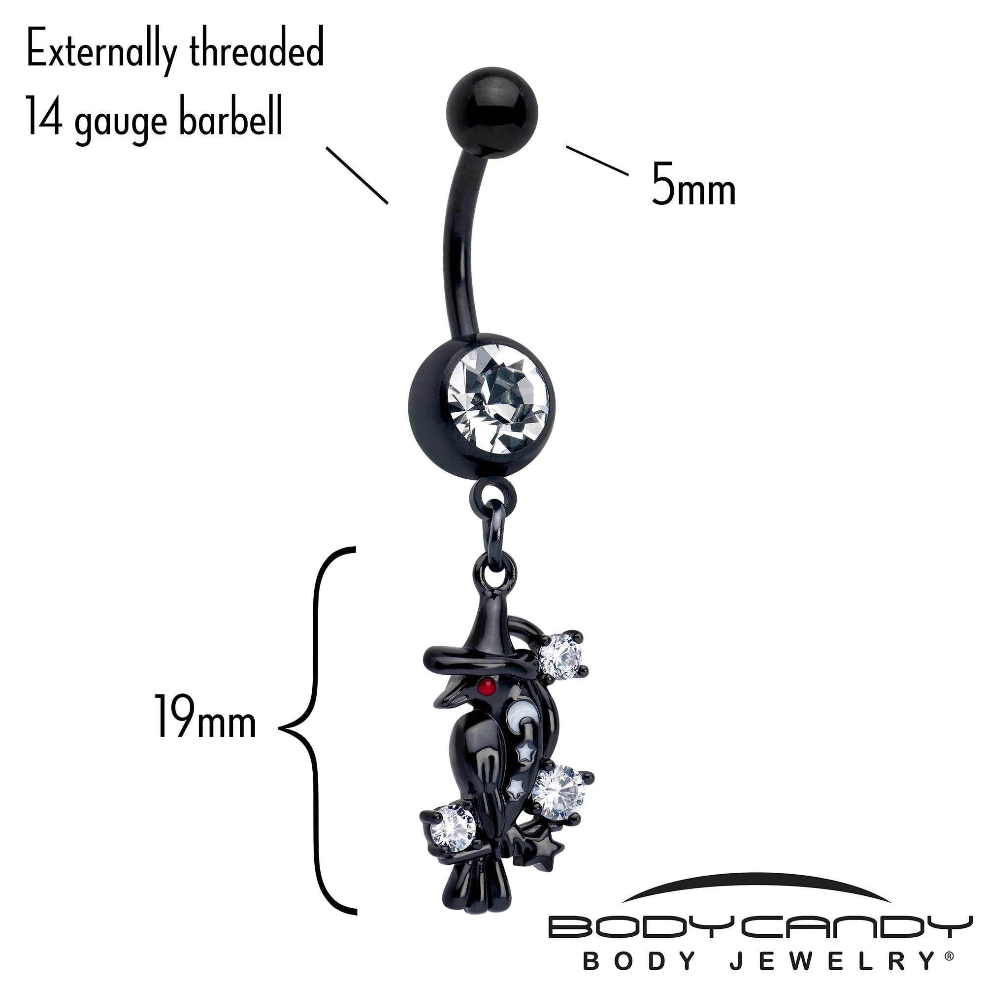 Black raven witch dangle belly ring with clear CZ gem from BodyCandy, featuring a gothic design and dangling aesthetic.