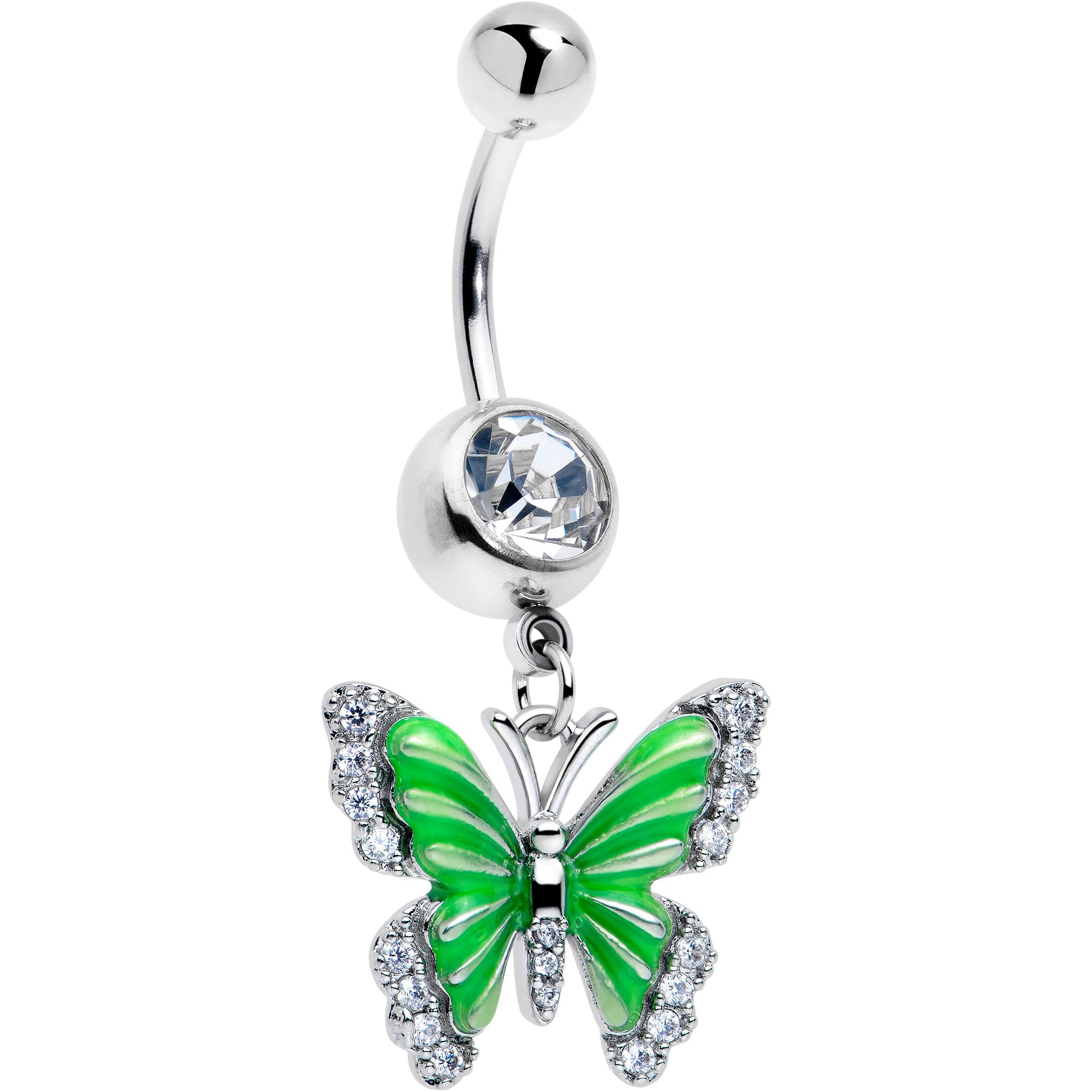 Clear CZ gem butterfly green dangle belly ring by BodyCandy, featuring a decorative butterfly design and dangling gemstone.
