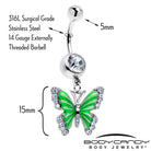 Clear CZ gem butterfly dangle belly ring by BodyCandy featuring green accents and a sleek, dangling design for belly piercing.