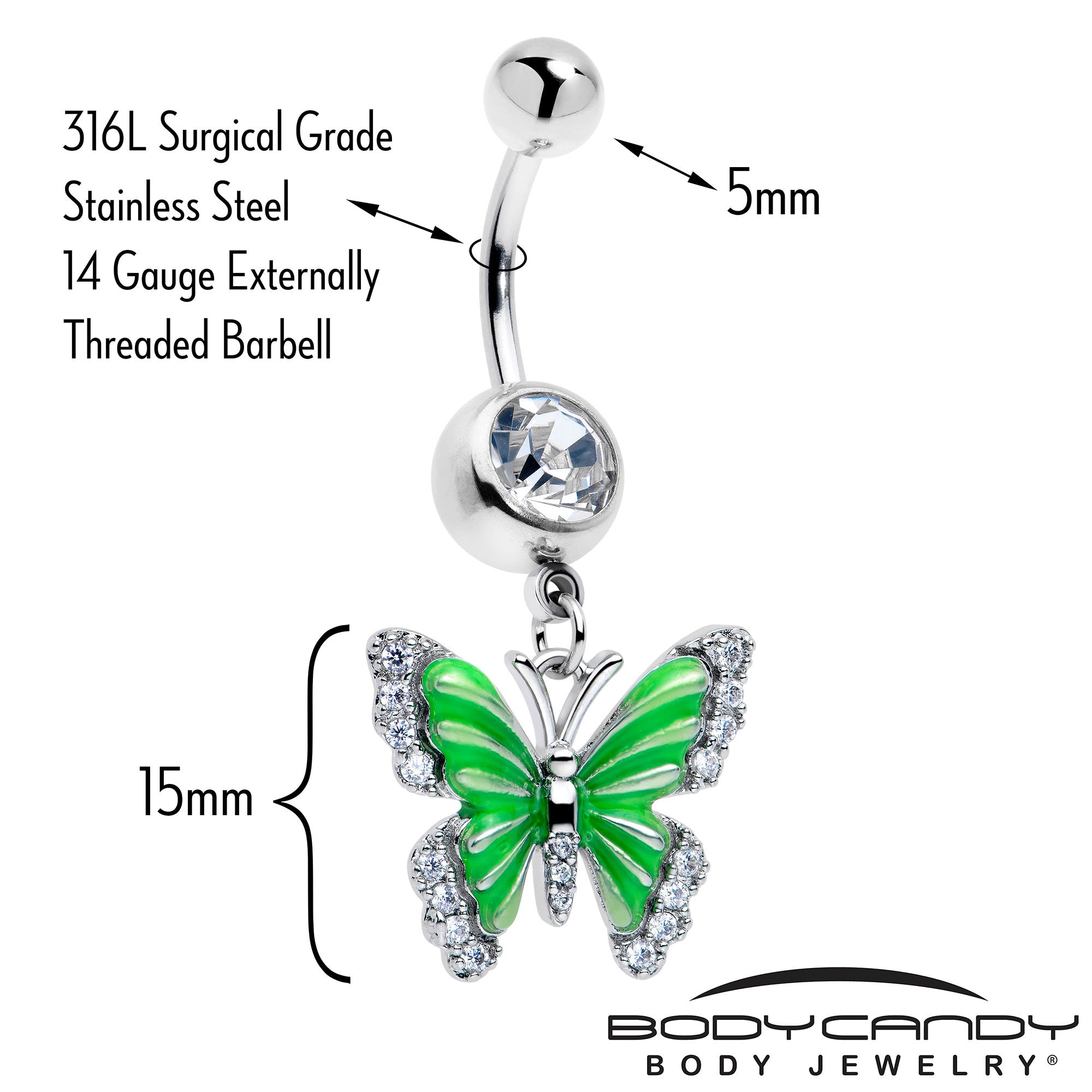 Clear CZ gem butterfly dangle belly ring by BodyCandy featuring green accents and a sleek, dangling design for belly piercing.