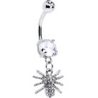 Clear CZ gem goth glam spider dangle belly ring by BodyCandy, featuring a shiny spider charm on a silver-tone dangle belly ring.