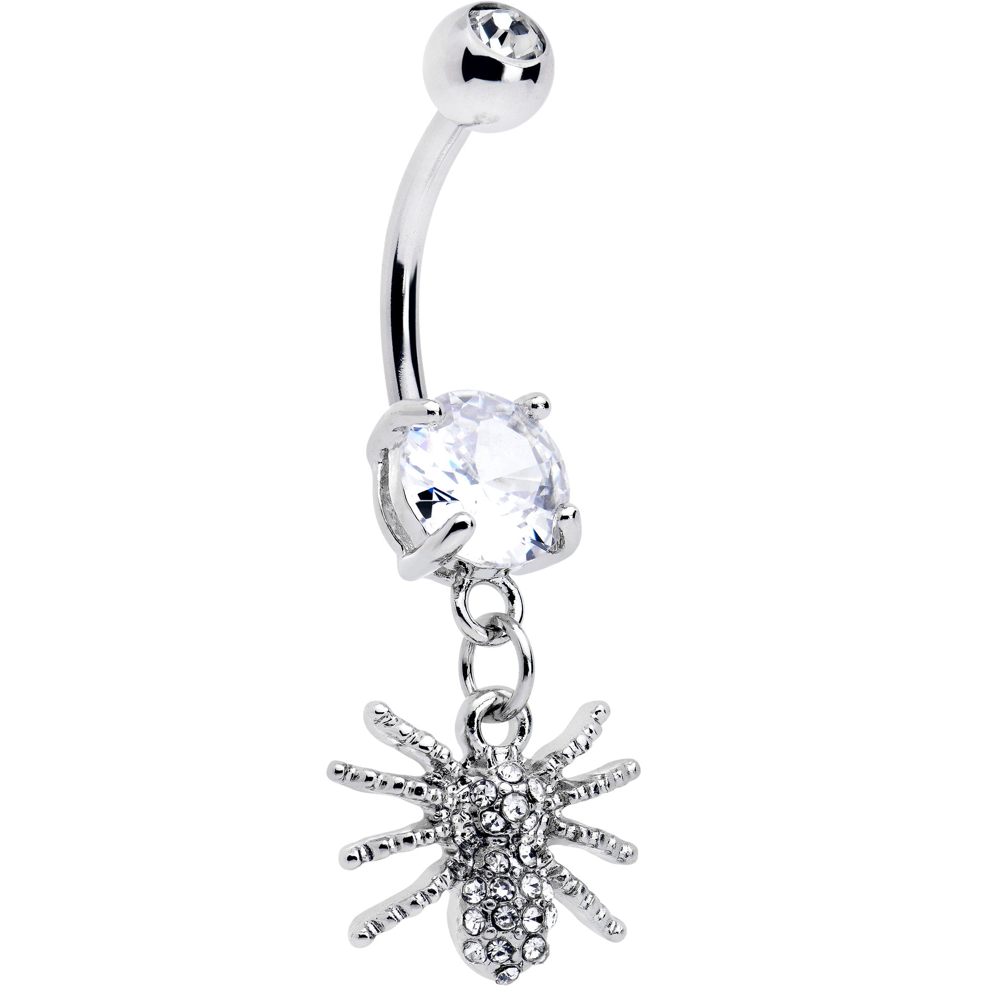 Clear CZ gem goth glam spider dangle belly ring by BodyCandy, featuring a shiny spider charm on a silver-tone dangle belly ring.