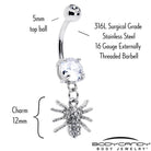Clear CZ gem goth glam spider dangle belly ring by BodyCandy featuring a dangling spider design and sparkling gemstone.