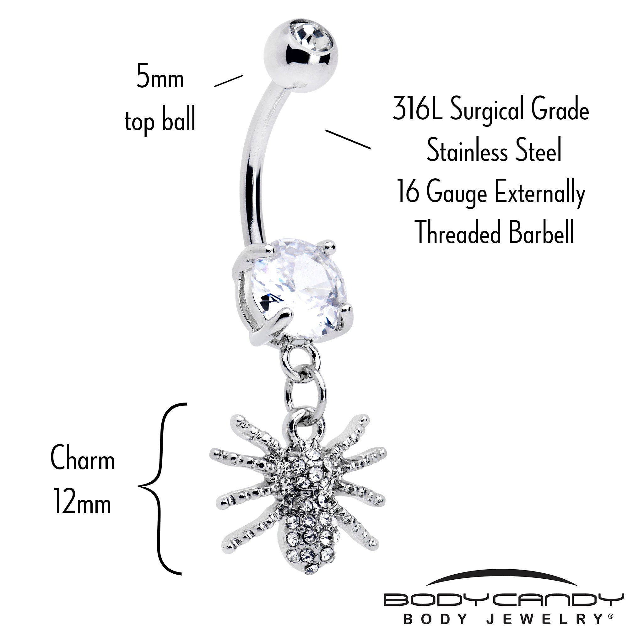 Clear CZ gem goth glam spider dangle belly ring by BodyCandy featuring a dangling spider design and sparkling gemstone.