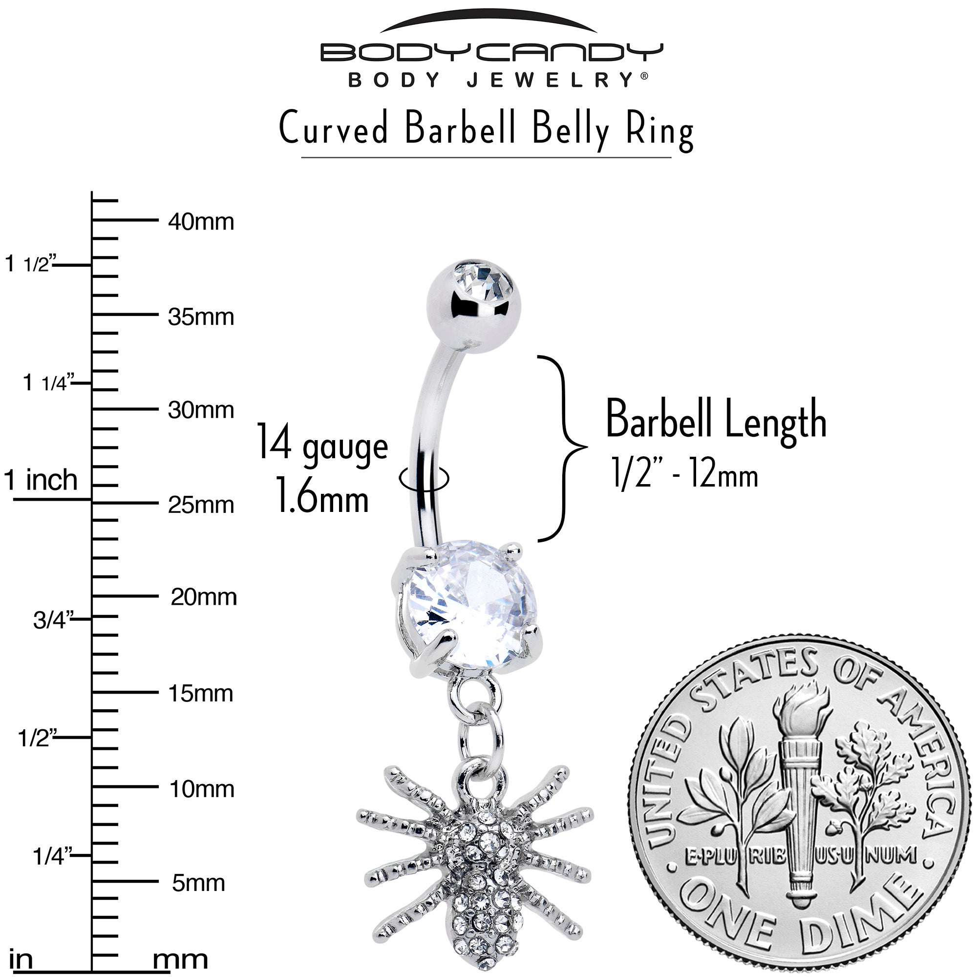 Clear CZ gem goth glam spider dangle belly ring by BodyCandy with a decorative dangling spider design and sparkling gemstone.