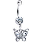 Clear gem butterfly dangle belly ring by BodyCandy featuring a sparkling butterfly charm and shiny stone accents.