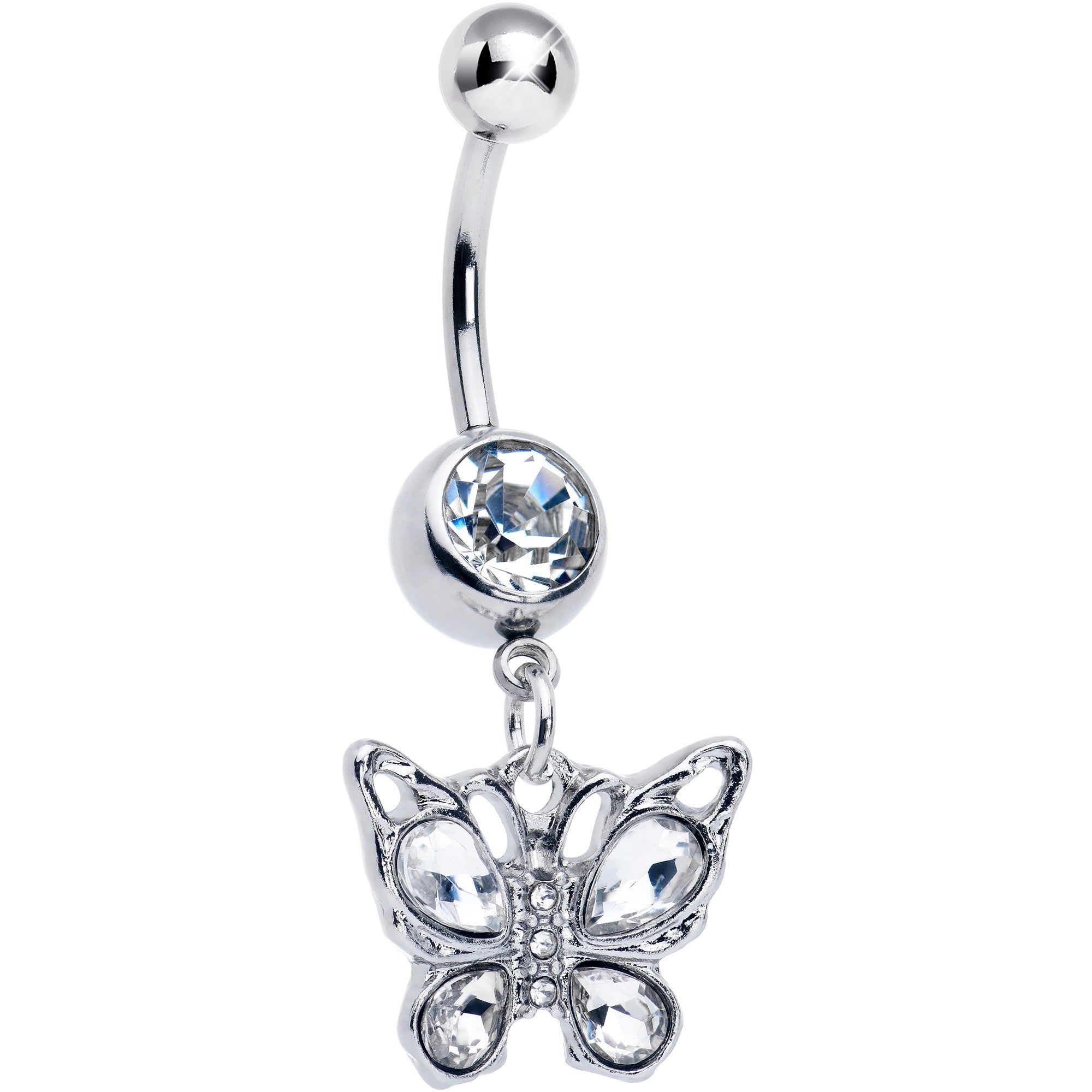 Clear gem butterfly dangle belly ring by BodyCandy featuring a sparkling butterfly charm and shiny stone accents.