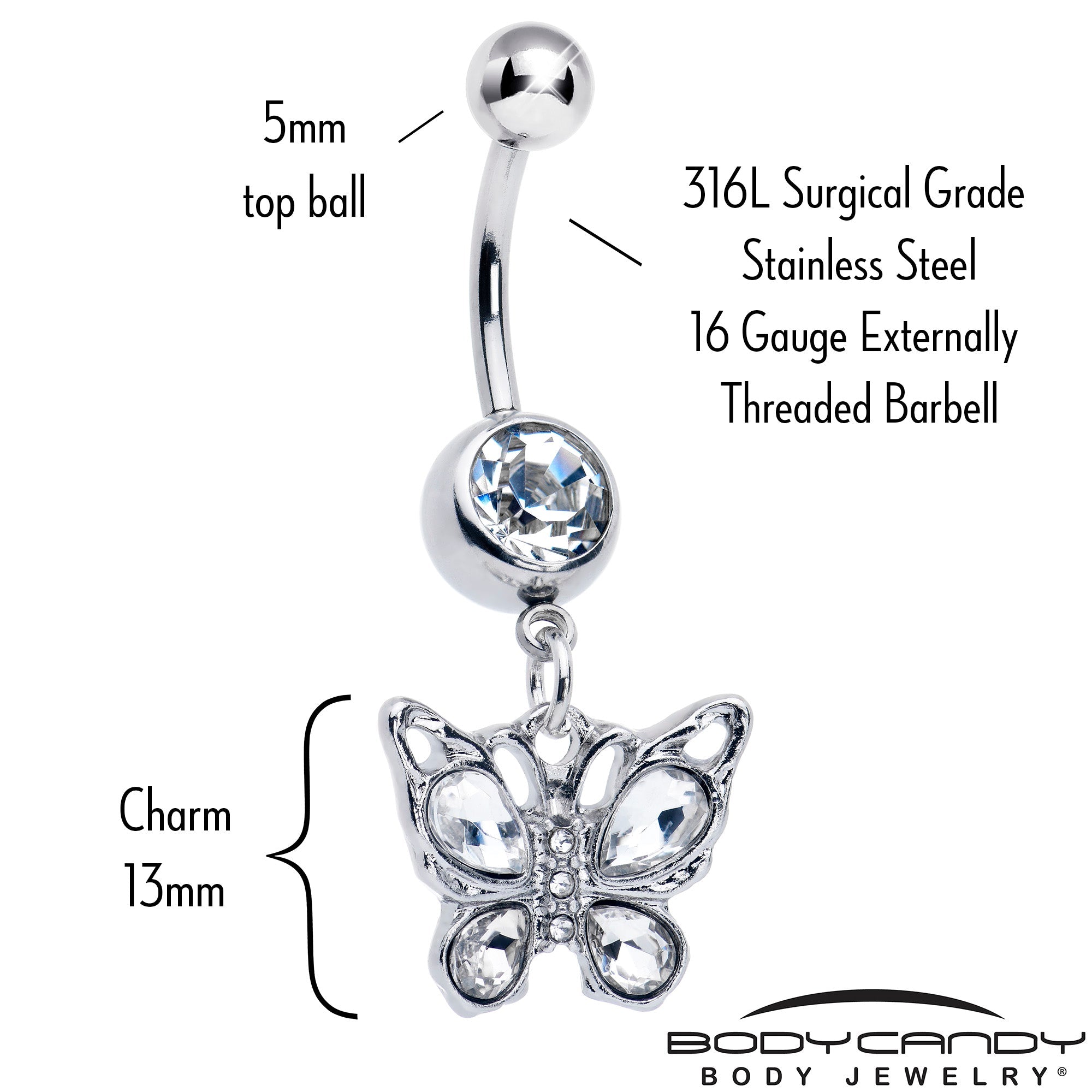 Clear gem butterfly dangle belly ring by BodyCandy with sparkling butterfly charm and crystal accents for belly piercing jewelry.