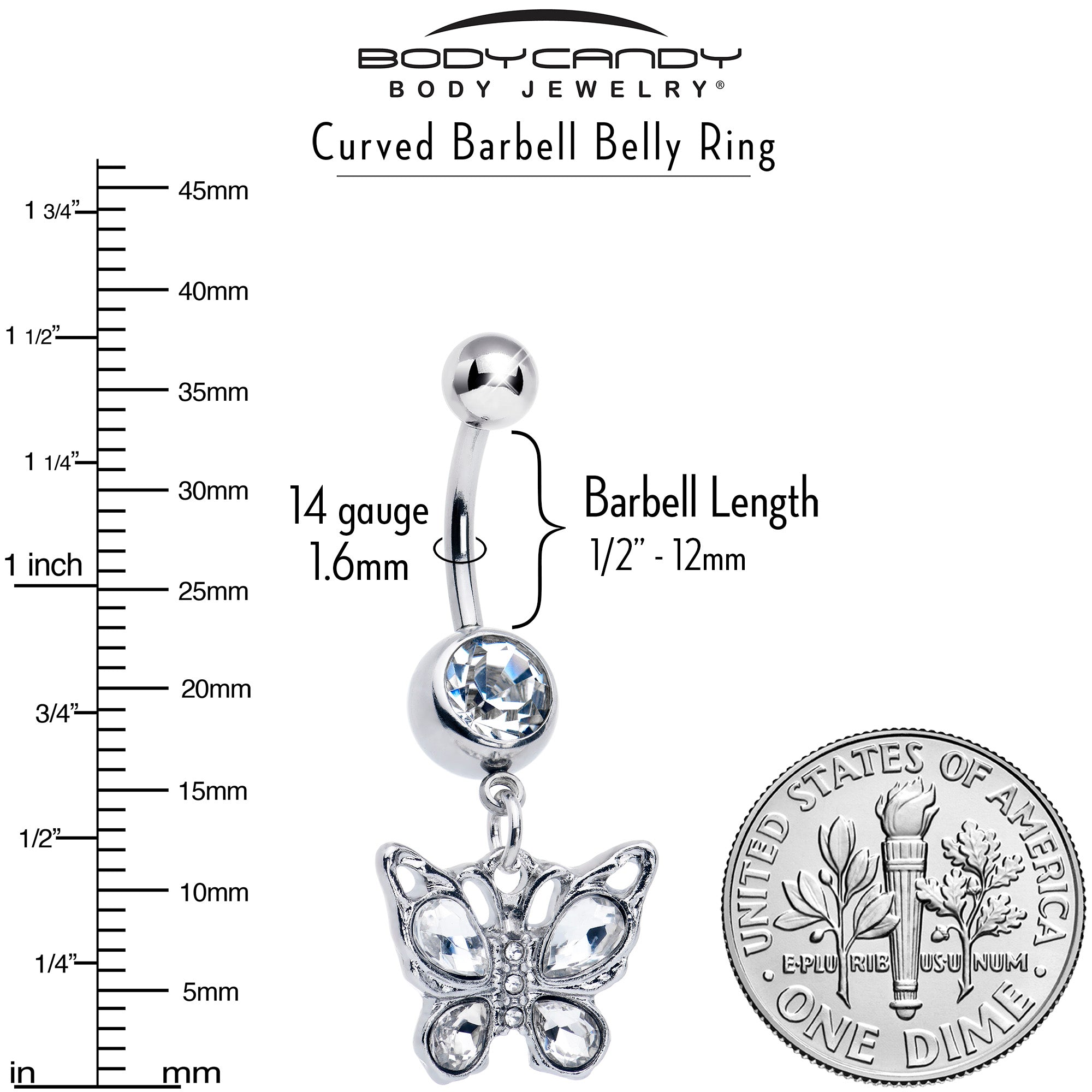 Clear gem butterfly dangle belly ring by BodyCandy featuring a sparkling butterfly design for belly piercing jewelry.