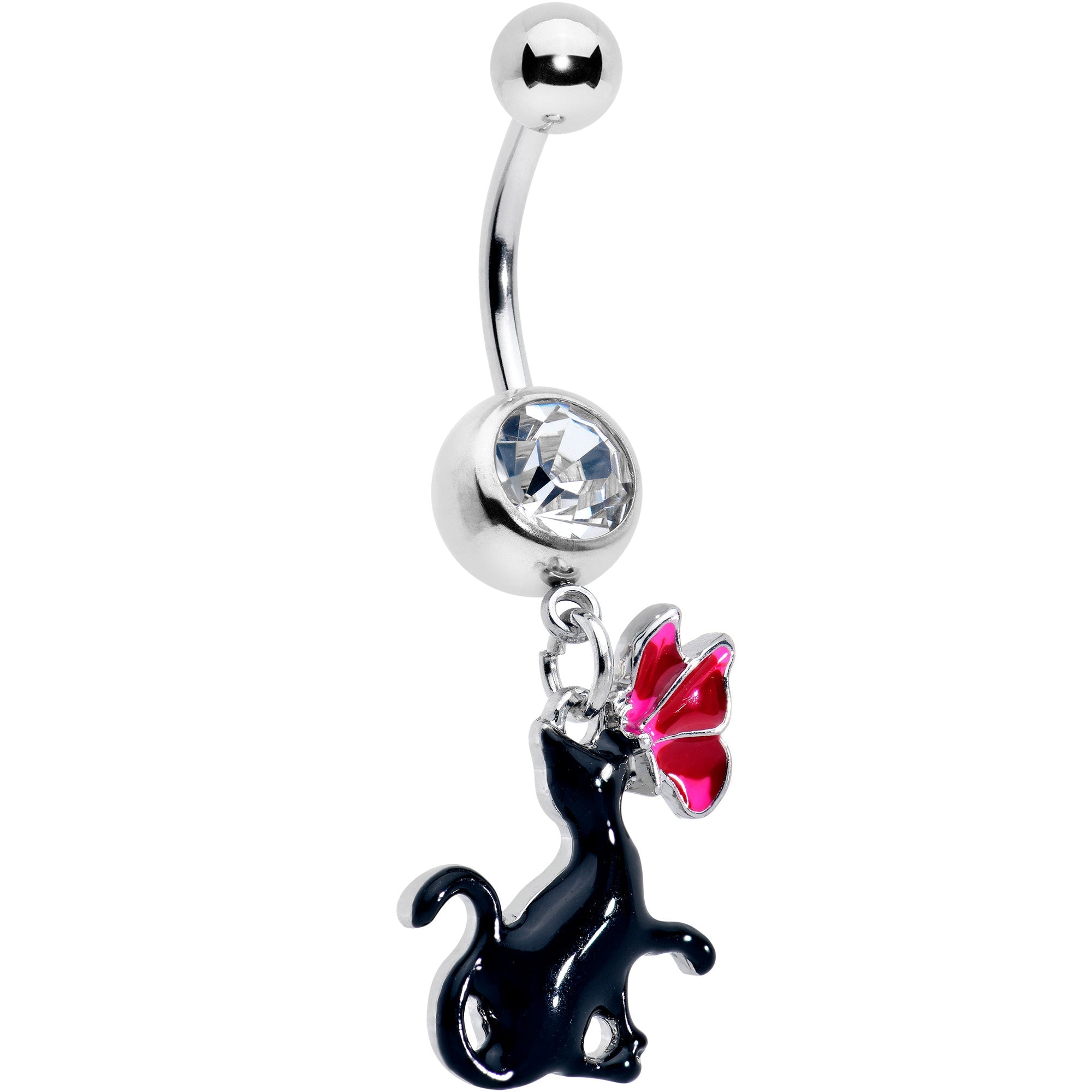 Clear gem butterfly and black cat dangle belly ring from BodyCandy, featuring a sparkling charm and sleek black design.