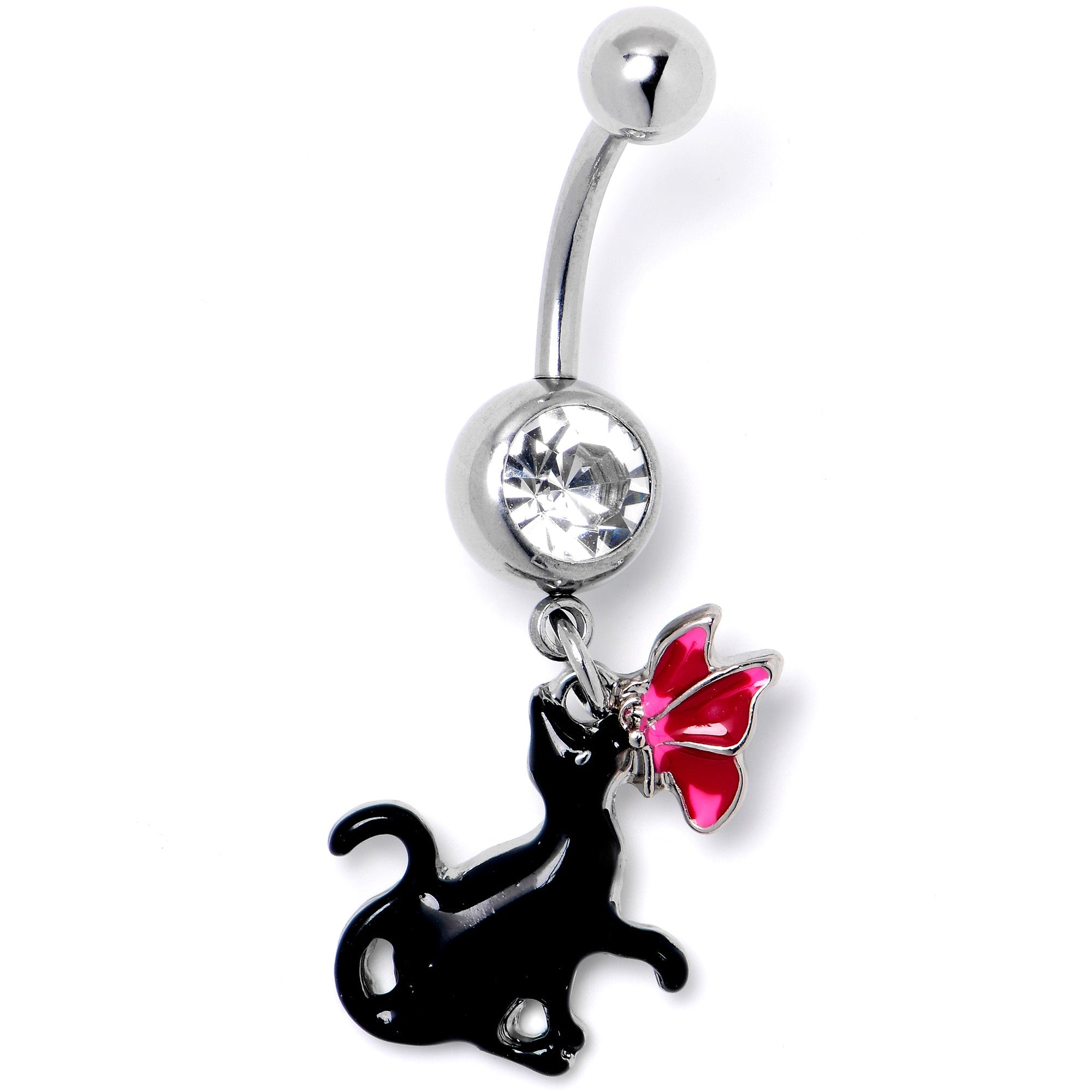 Clear gem butterfly and black cat dangle belly ring from BodyCandy, featuring a stylish design and sparkling accents.