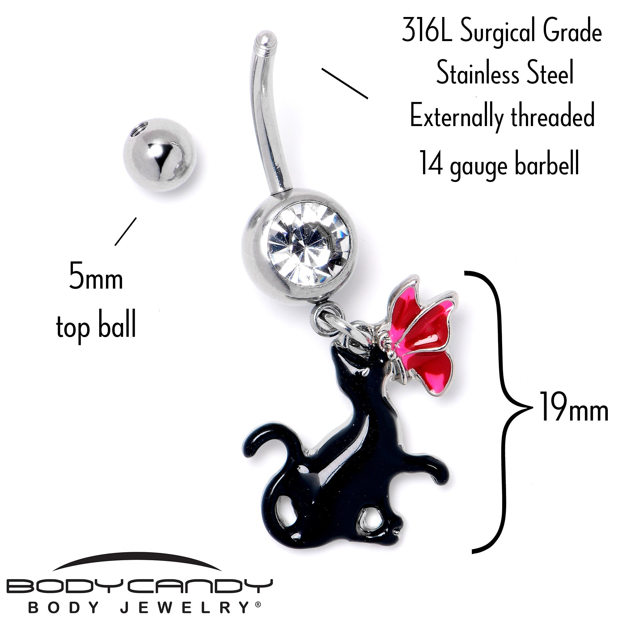 Clear gem butterfly and black cat dangle belly ring from BodyCandy, featuring a decorative design and sterling silver body jewelry.