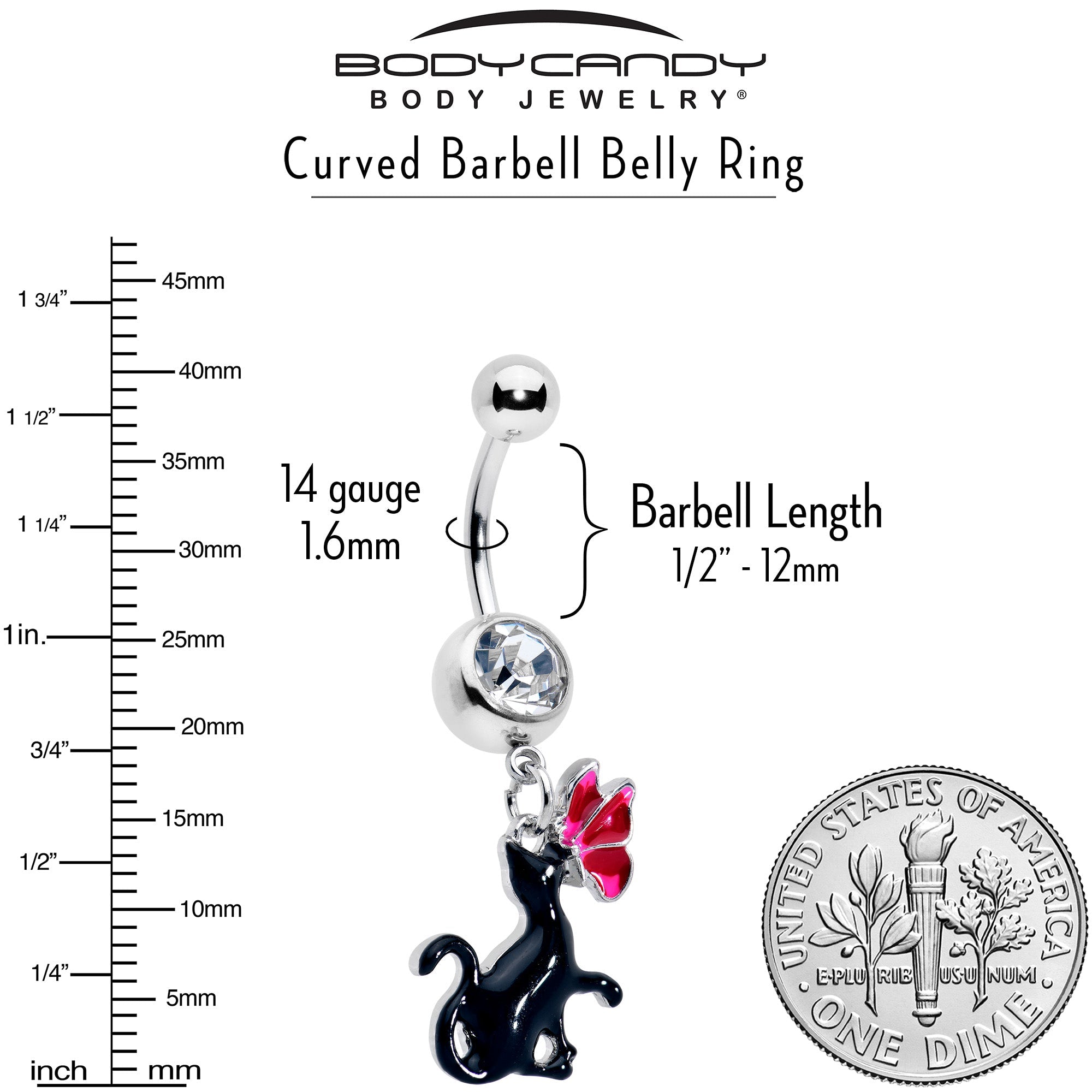Clear gem butterfly and black cat dangle belly ring by BodyCandy, featuring a sparkling butterfly and feline design for belly piercing.