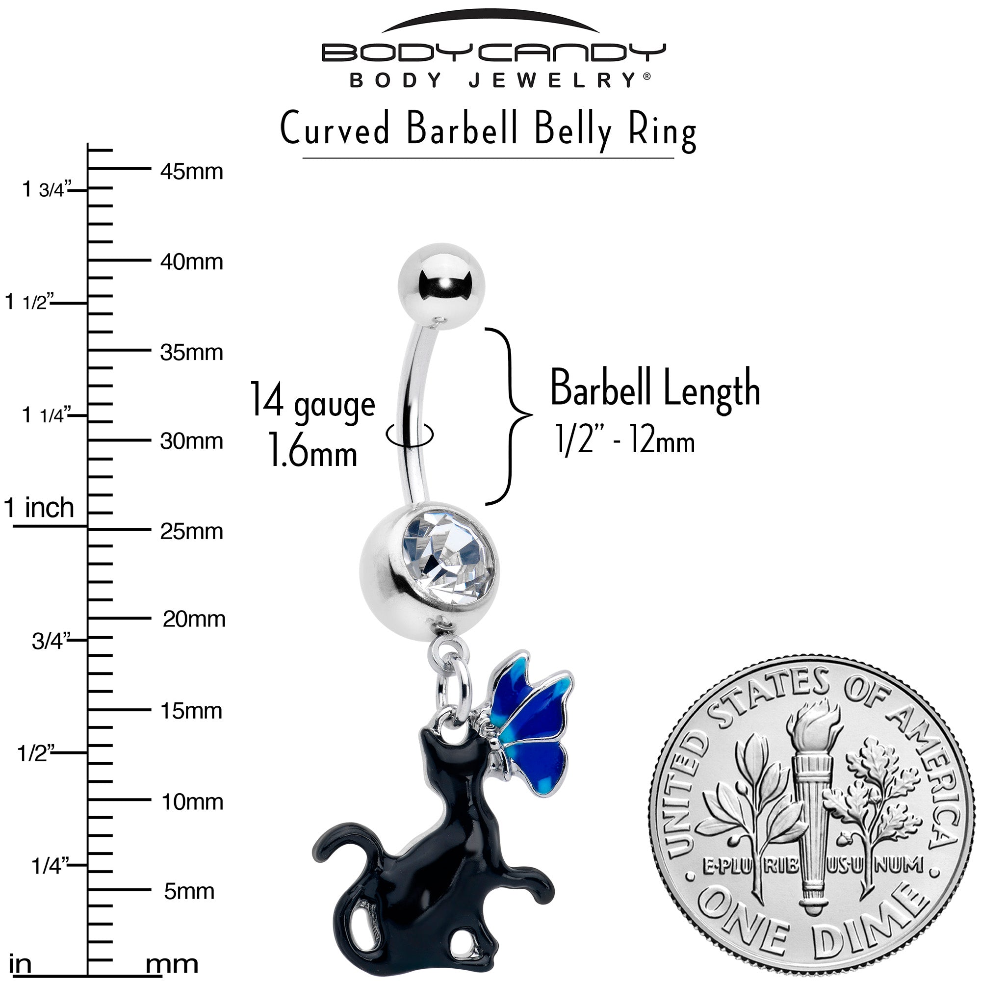 Clear gem butterfly and black cat dangle belly ring from BodyCandy, featuring a blue and black design with a hanging charm.