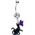 Clear gem butterfly and black cat dangle belly ring by BodyCandy, featuring purple accents and intricate design.