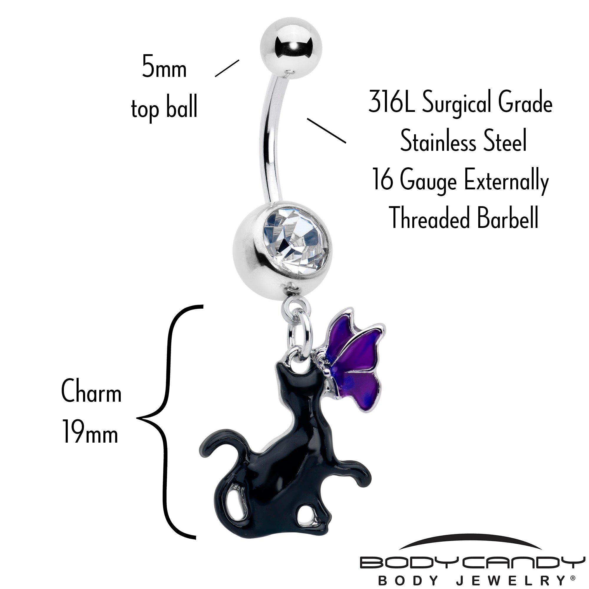 Purple and black butterfly dangle belly ring with clear gem, featuring a black cat design, from BodyCandy.