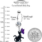 Clear gem butterfly and purple black cat dangle belly ring from BodyCandy, featuring a decorative hanging design for body jewelry.