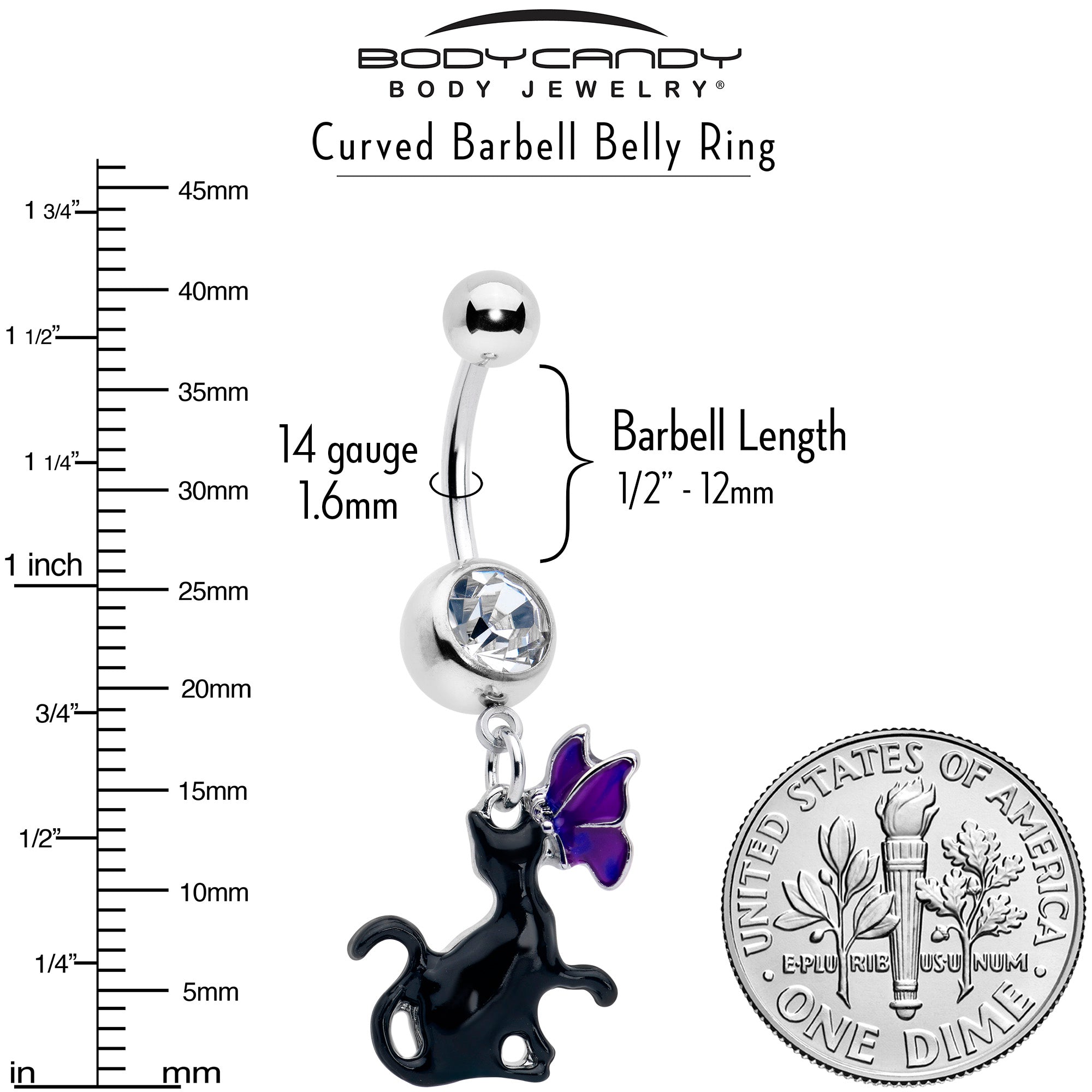 Clear gem butterfly and purple black cat dangle belly ring from BodyCandy, featuring a decorative hanging design for body jewelry.