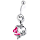 Pink dangle belly ring featuring a clear gem, butterfly and rose flower design, by BodyCandy, with a dangling style.