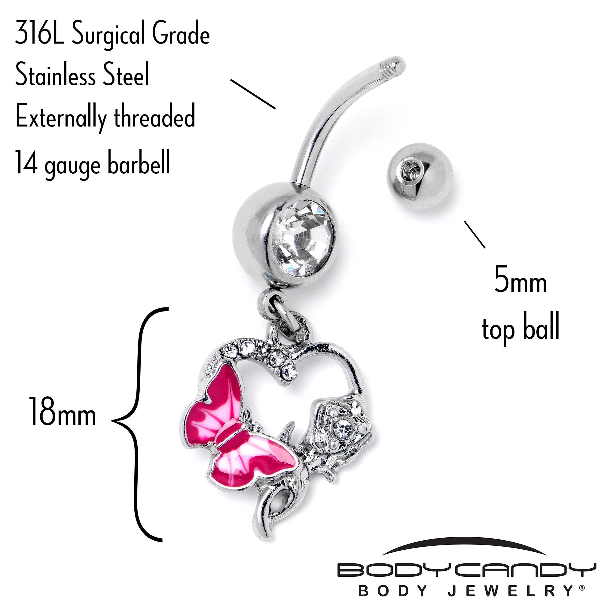 Pink dangle belly ring with clear gem butterfly and rose flower design, BodyCandy brand, in a stylish jewelry image.