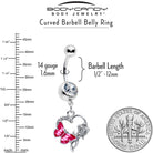 Pink dangle belly ring with clear gem butterfly and rose flower design, body jewelry from BodyCandy
