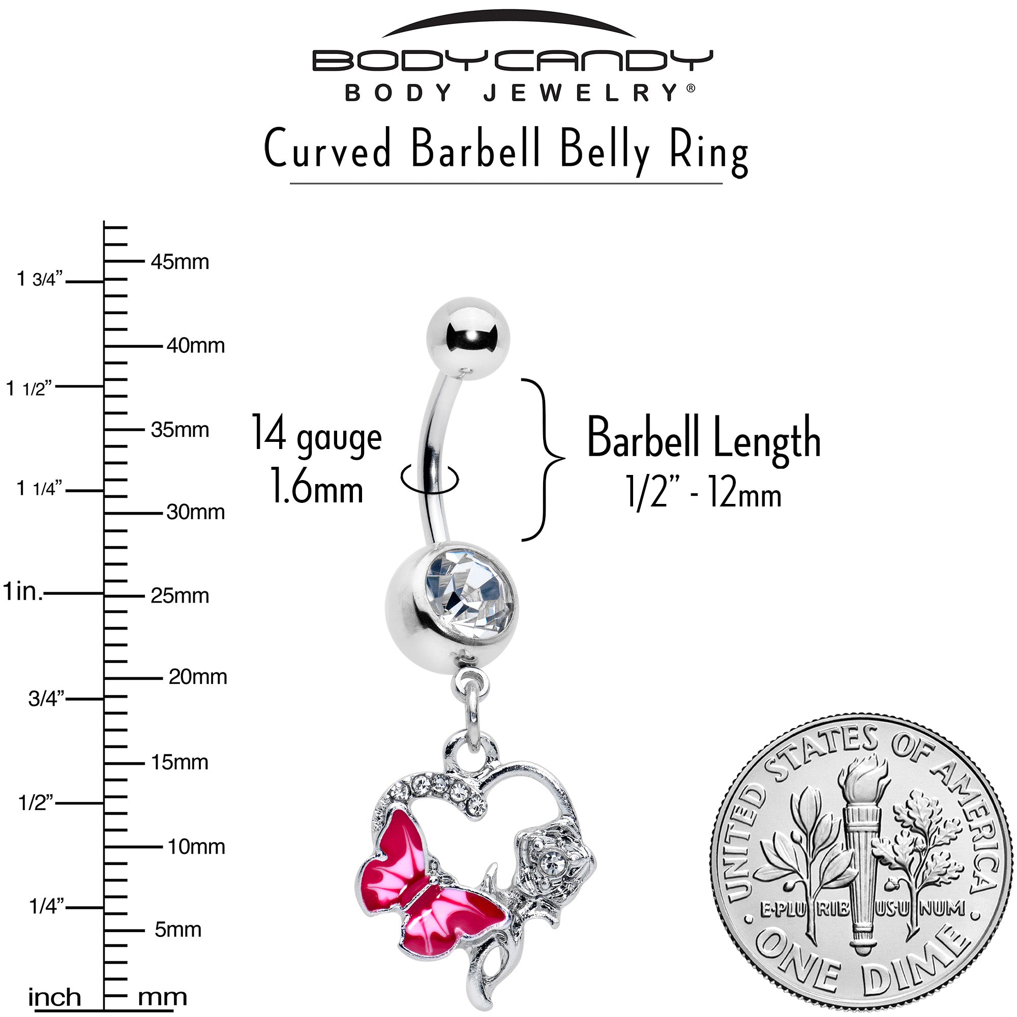 Pink dangle belly ring with clear gem butterfly and rose flower design, body jewelry from BodyCandy