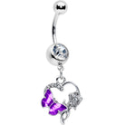 Purple dangle belly ring with clear gem butterfly rose flower design by BodyCandy, featuring a decorative hanging style.