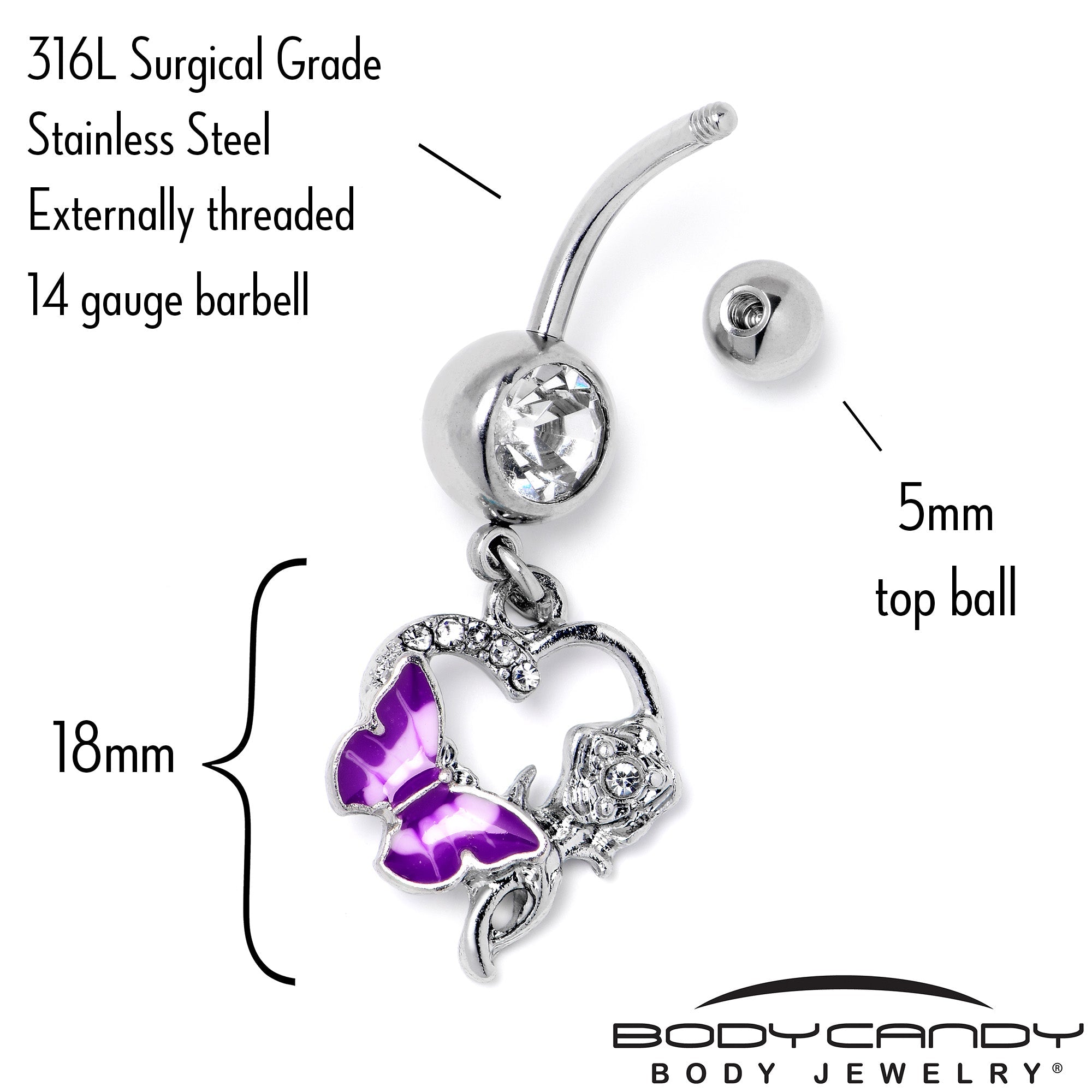 Purple dangle belly ring with clear gem butterfly and rose flower design by BodyCandy, featuring a stylish and decorative belly jewelry piece.