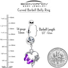 Purple dangle belly ring with a clear gem, butterfly and rose flower design, by BodyCandy, for pierced belly button jewelry.