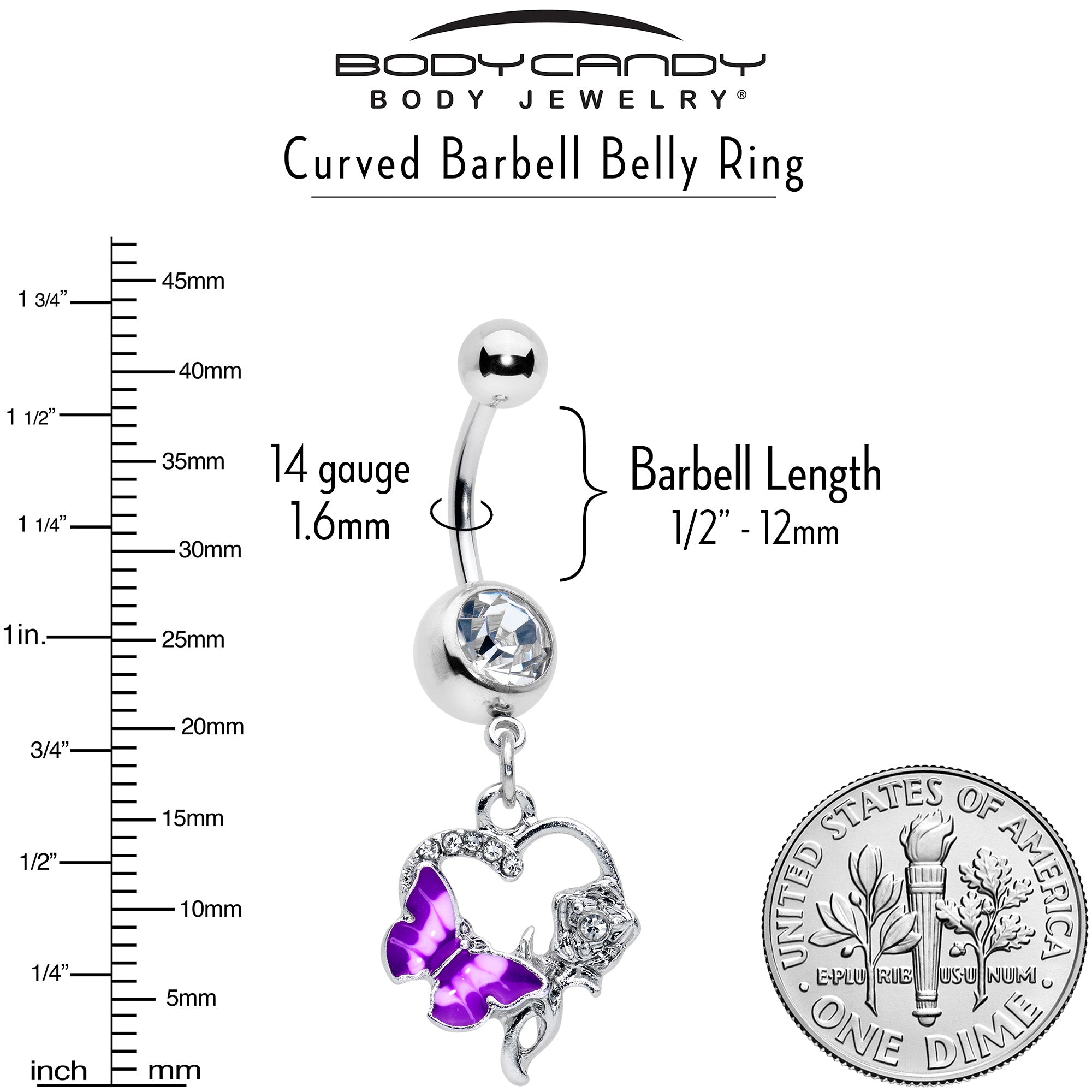 Purple dangle belly ring with a clear gem, butterfly and rose flower design, by BodyCandy, for pierced belly button jewelry.