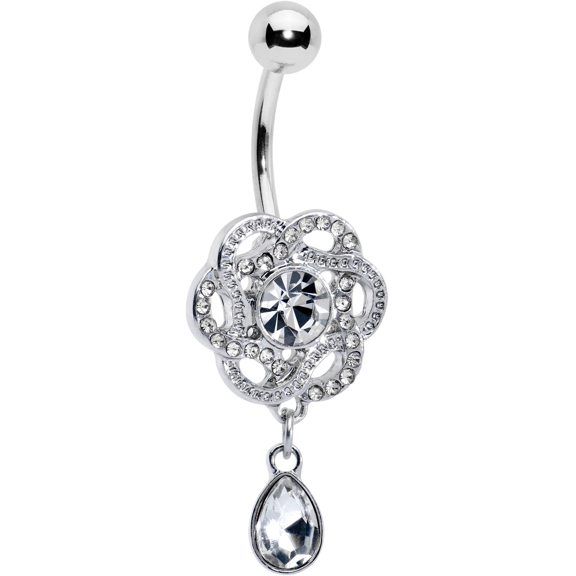 Clear gem Celtic knot dangle belly ring by BodyCandy featuring a delicate, elegant design and sparkling gemstone detail.