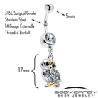 Clear gem evening owl dangle belly ring by BodyCandy featuring a sparkling owl charm and a dangling design for belly piercing.