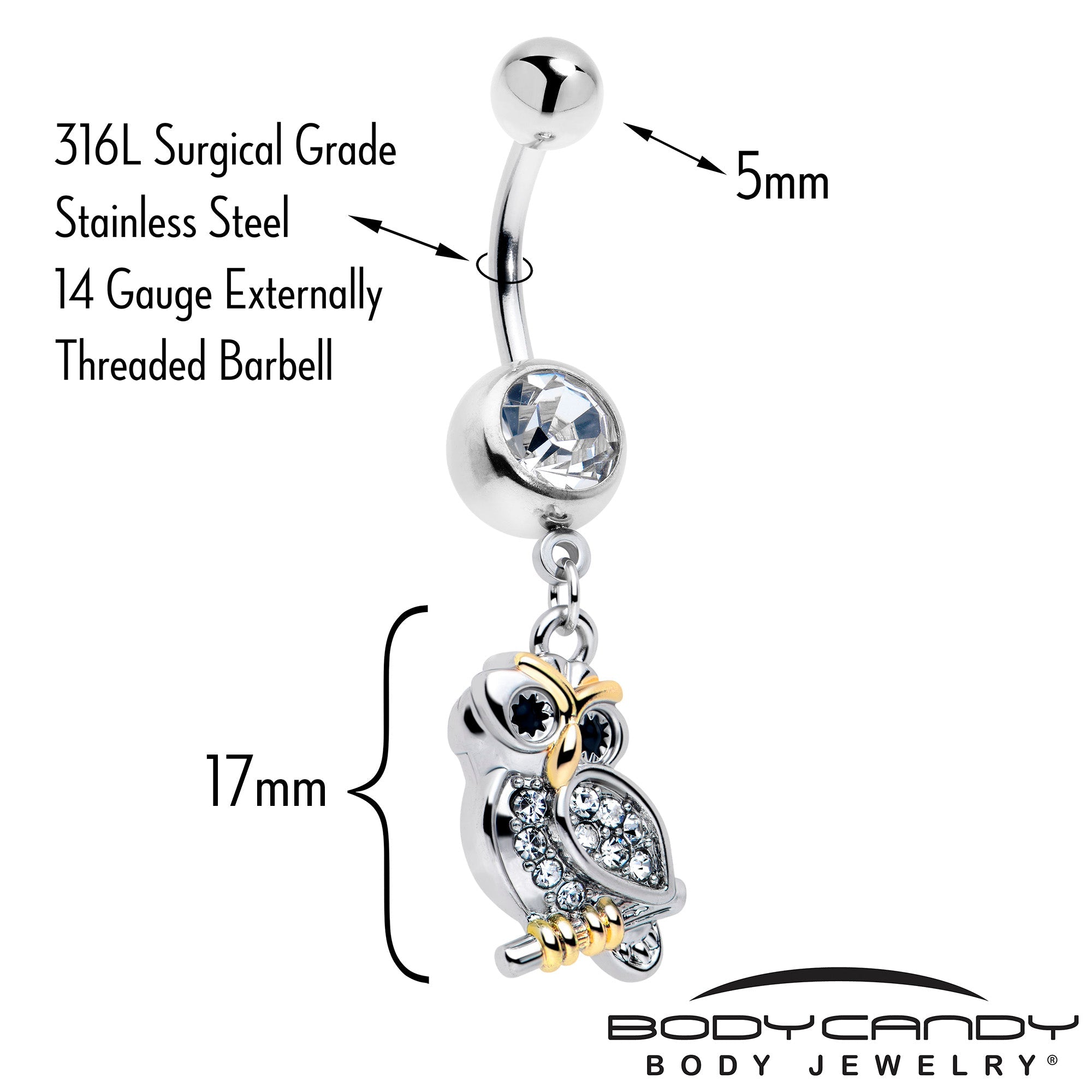 Clear gem evening owl dangle belly ring by BodyCandy featuring a sparkling owl charm and a dangling design for belly piercing.