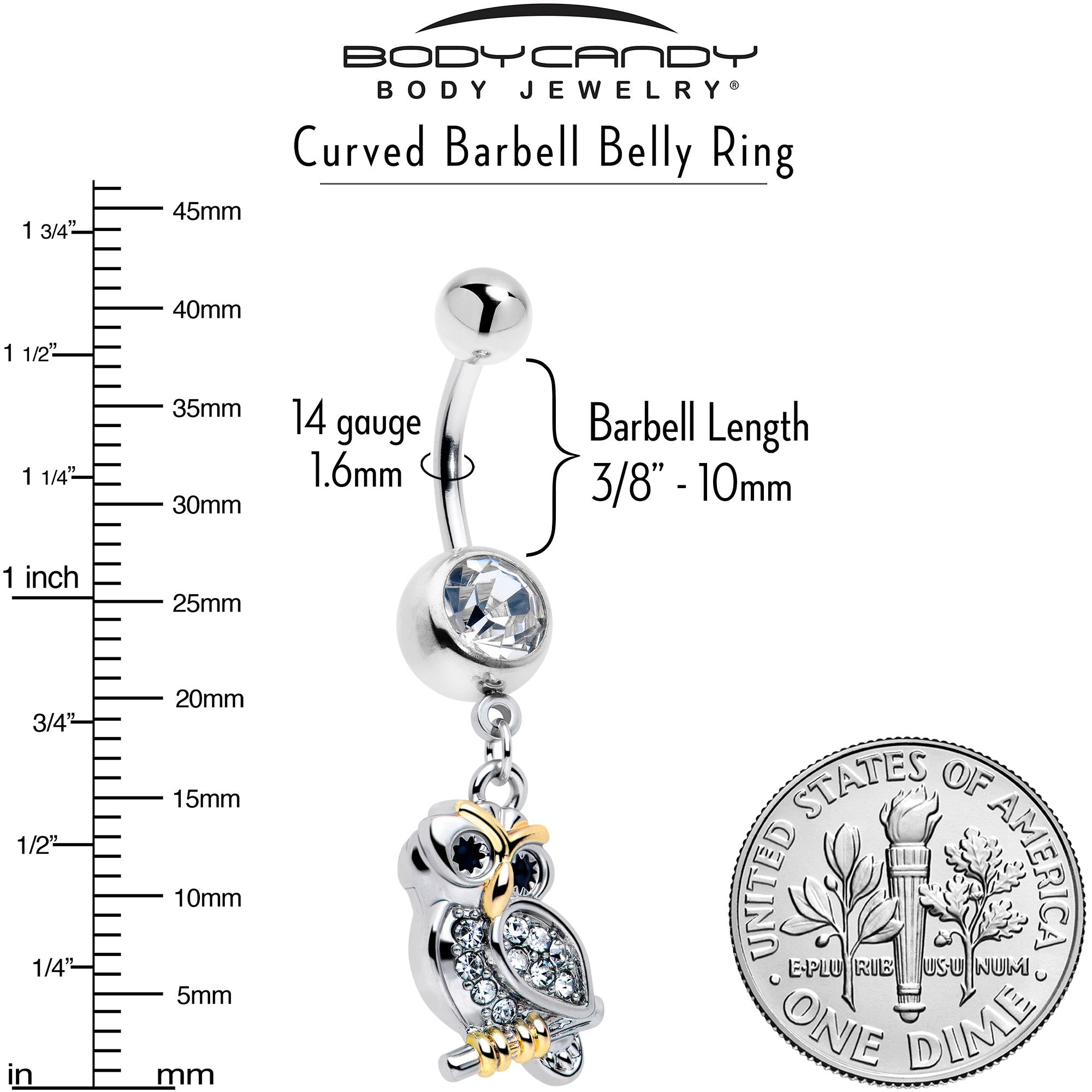 Clear gem evening owl dangle belly ring from BodyCandy featuring a sparkling owl design on a sleek belly jewelry piece.