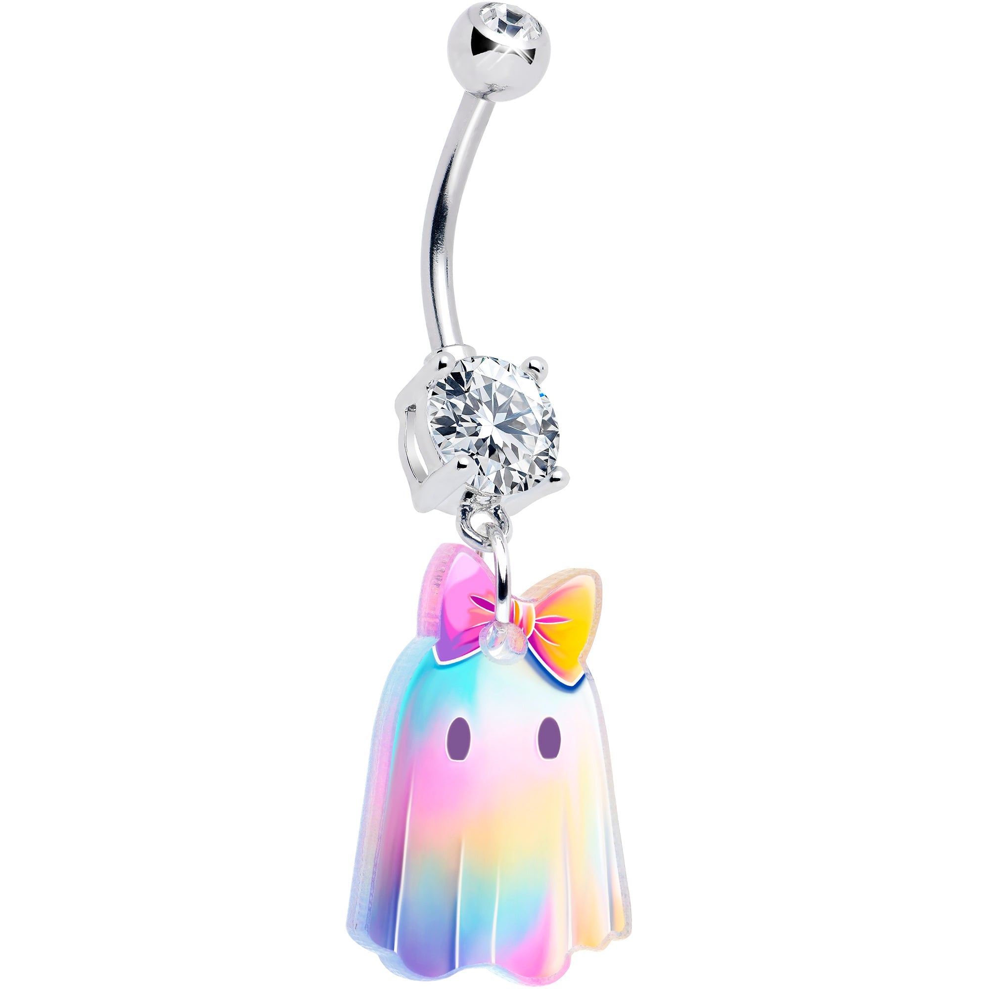 Iridescent ghost girl dangle belly ring by Onyx O featuring a clear gem, designed for body jewelry and belly piercing styles.