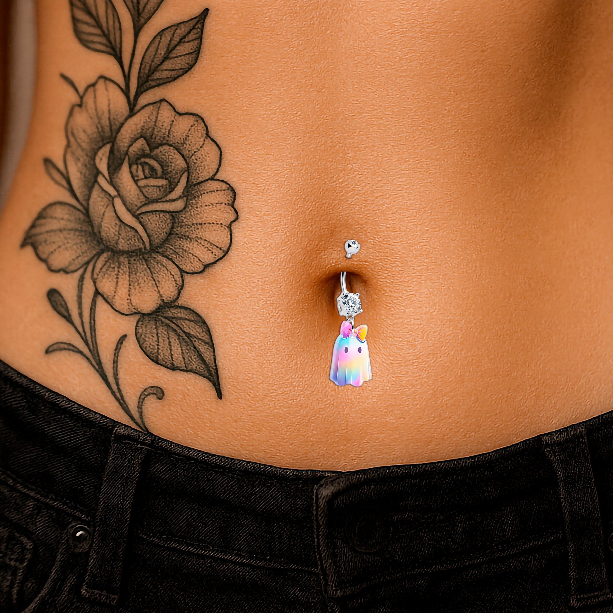 Clear gem iridescent ghost girl dangle belly ring by Onyx O, silver-tone body jewelry with a dangling ghost design.
