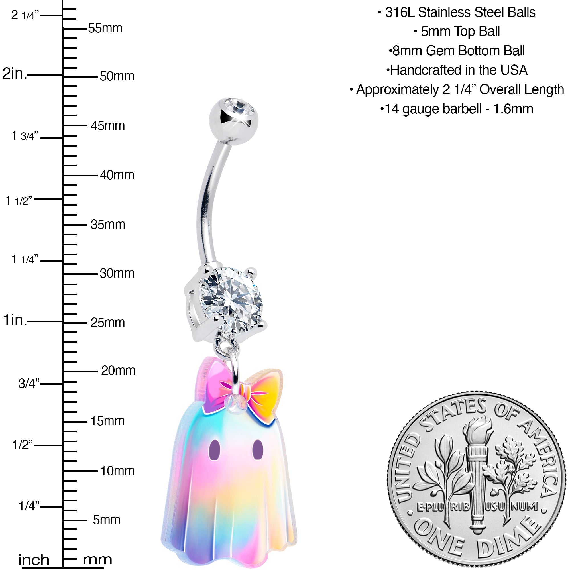Iridescent ghost girl dangle belly ring with clear gem, body jewelry by Onyx O for body piercing and adornment.