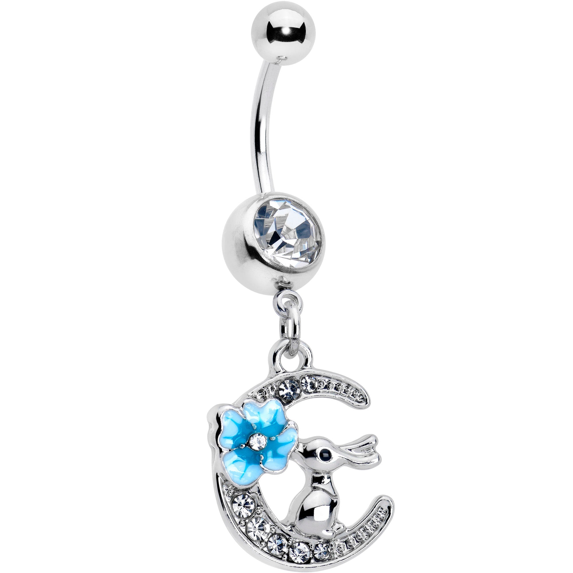 Clear gem rabbit on the moon blue dangle belly ring by BodyCandy, featuring a cute rabbit charm and sparkling gem detail.