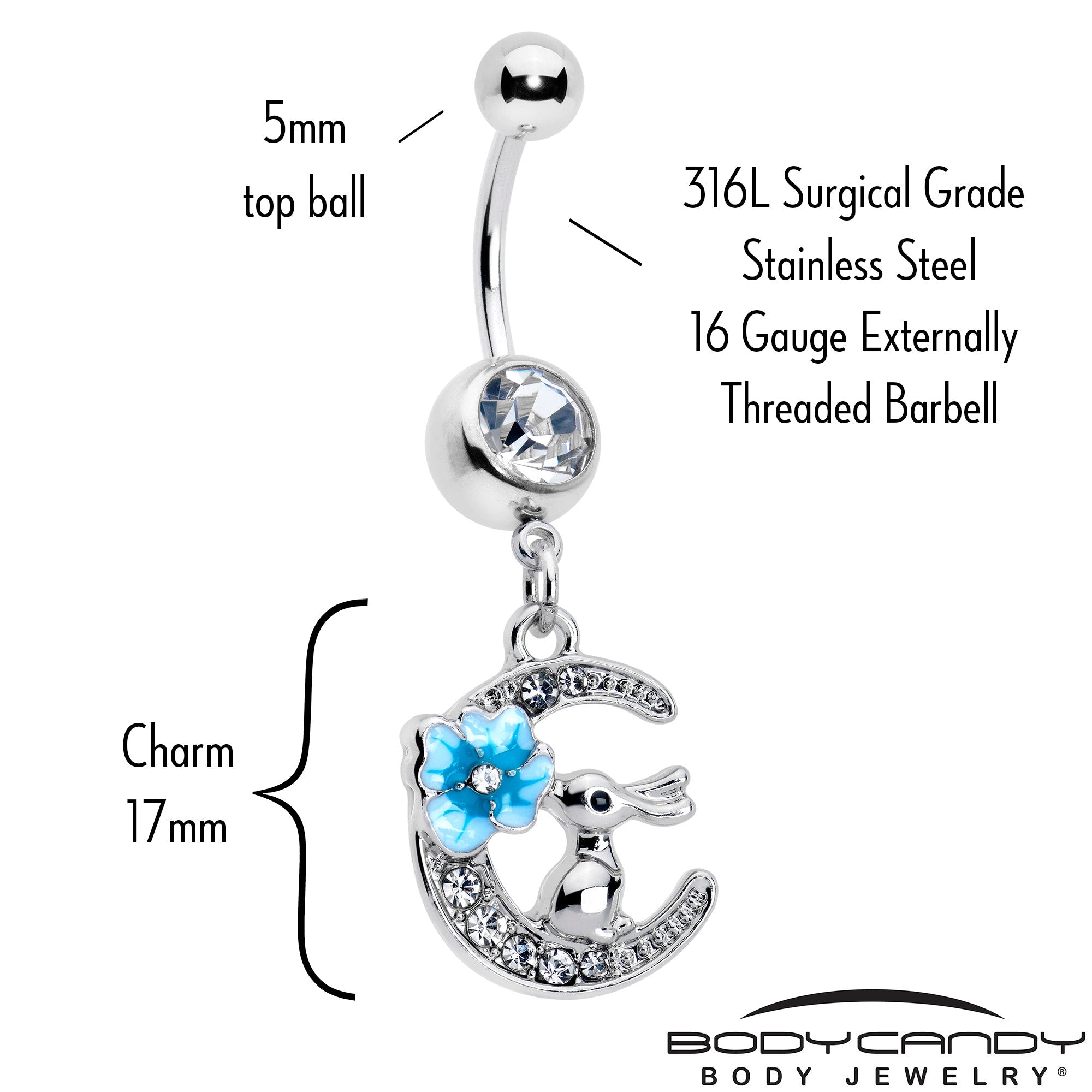 Clear gem rabbit on the moon blue dangle belly ring from BodyCandy, featuring a sparkling rabbit charm hanging from a silver-tone ring.
