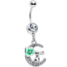 Clear gem rabbit on the moon green dangle belly ring by BodyCandy, featuring a playful design with sparkling gemstones.