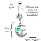 Clear gem rabbit on the moon green dangle belly ring from BodyCandy, featuring a sparkling rabbit charm hanging from a green belly jewelry piece.
