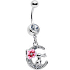 Clear gem rabbit on the moon pink dangle belly ring by BodyCandy, featuring a sparkling bunny charm on a silver-tone belly ring.