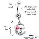 Clear gem rabbit on the moon pink dangle belly ring by BodyCandy featuring a sparkling gem and moon design.