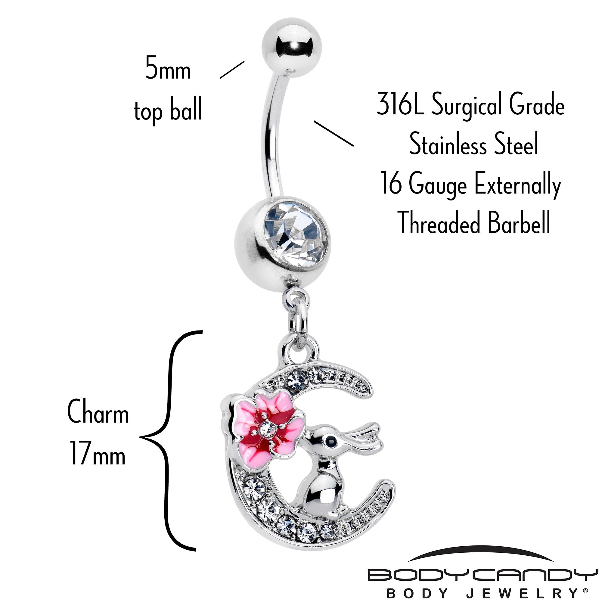 Clear gem rabbit on the moon pink dangle belly ring by BodyCandy featuring a sparkling gem and moon design.
