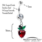 Clear red and green gem strawberry heart dangle belly ring from BodyCandy, featuring a decorative hanging design for belly piercing.