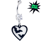 Glow-in-the-dark Flying Bat Heart belly ring dangle by Onyx O, body jewelry with a dark, whimsical design and heart-shaped charm.