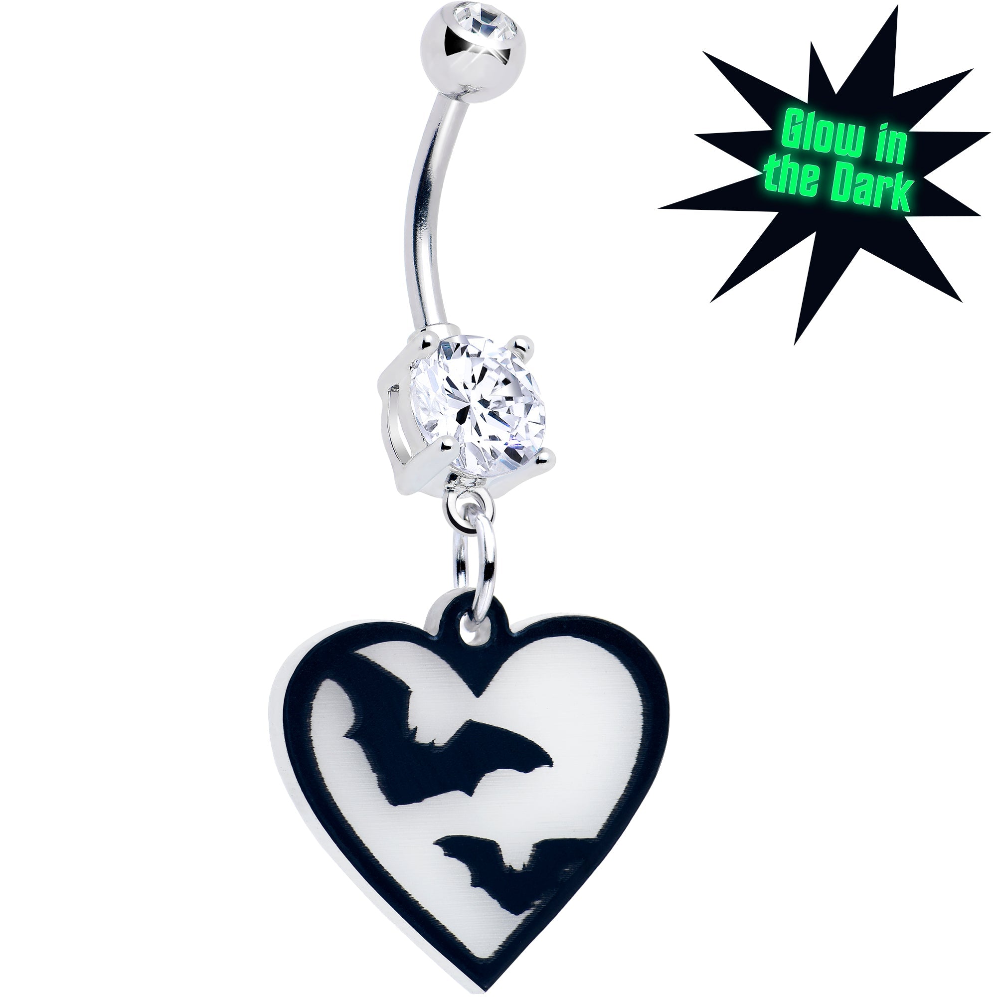 Glow-in-the-dark Flying Bat Heart belly ring dangle by Onyx O, body jewelry with a dark, whimsical design and heart-shaped charm.